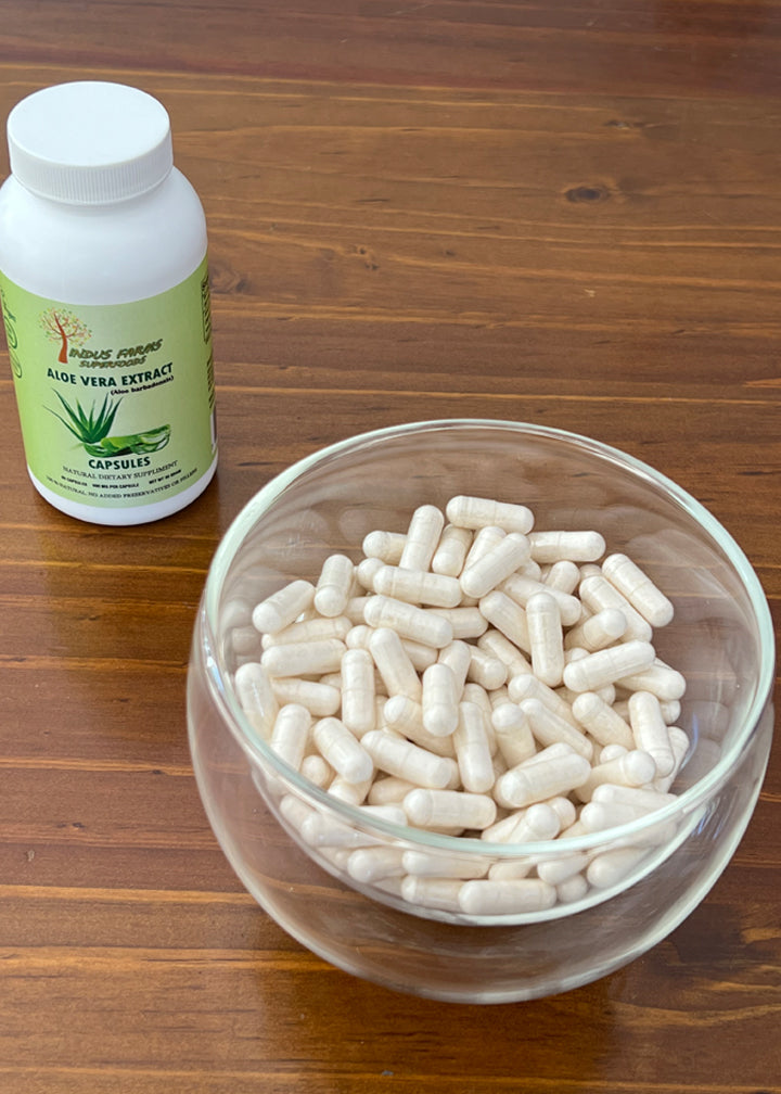 Aloe vera extract capsules dietary supplement - herbs, vegetarian, vegan, natural, GMO-free - Indusfarms