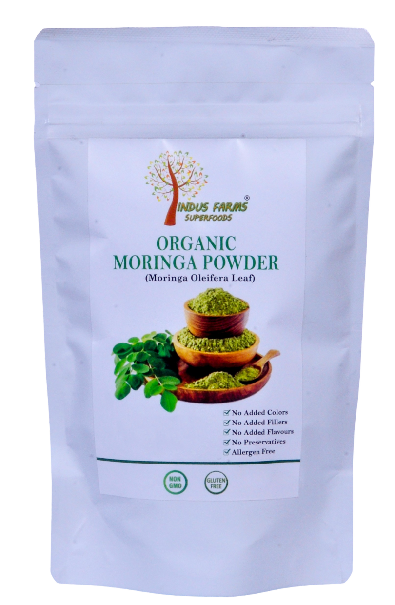 A packaged product labeled as 'Organic Moringa Leaf Powder', presented in a white pouch with a green leaf design, indicating it is a natural product.