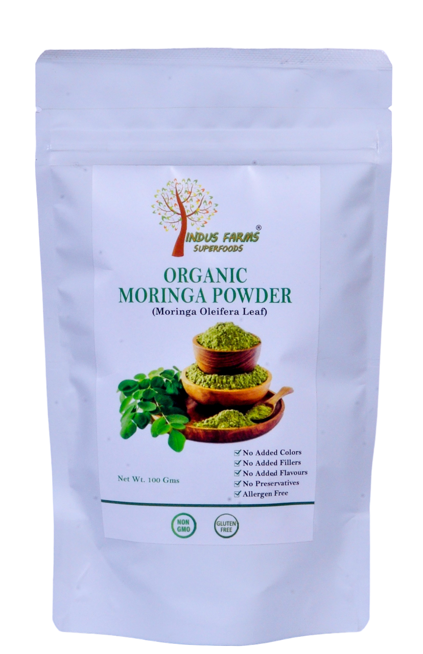A packaged product labeled as 'Organic Moringa Leaf Powder', presented in a white pouch with a green leaf design, indicating it is a natural product.