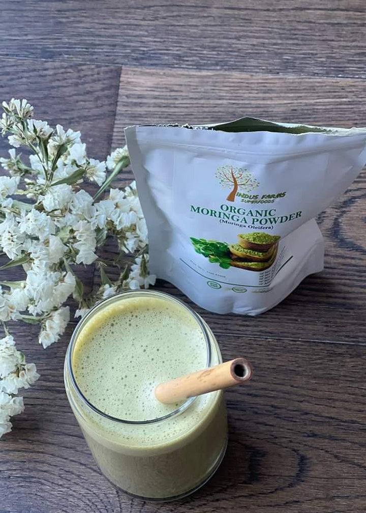 Moringa coconut drink showing moring powder package