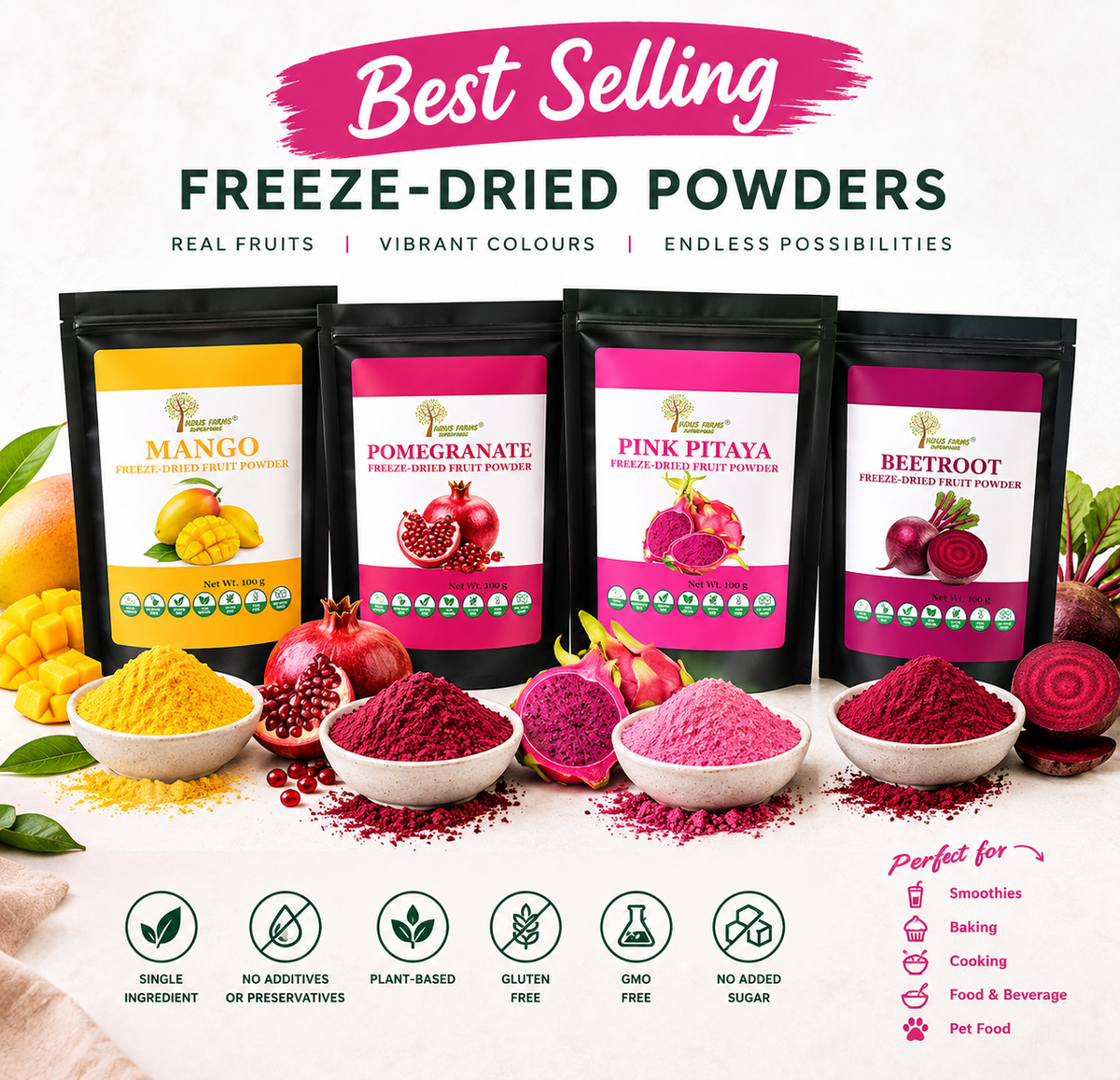 Indus Farms freeze-dried mango, pomegranate, pink pitaya and beetroot powder pouches with fruit and bowls of powder