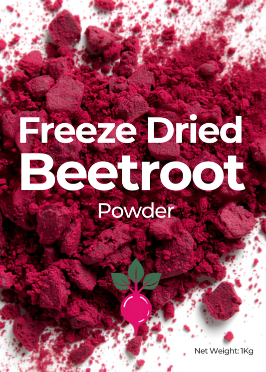 Red freeze-dried beetroot powder with text and a logo on a white background