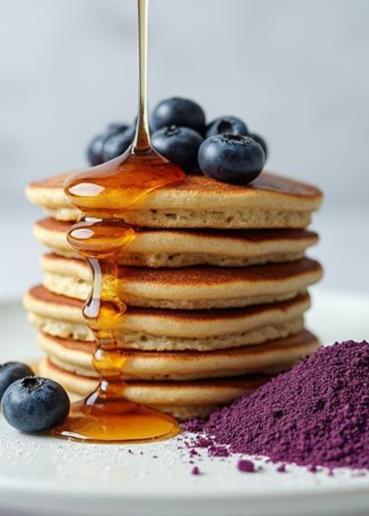 Stack of pancakes with blueberry powder and honey syrup