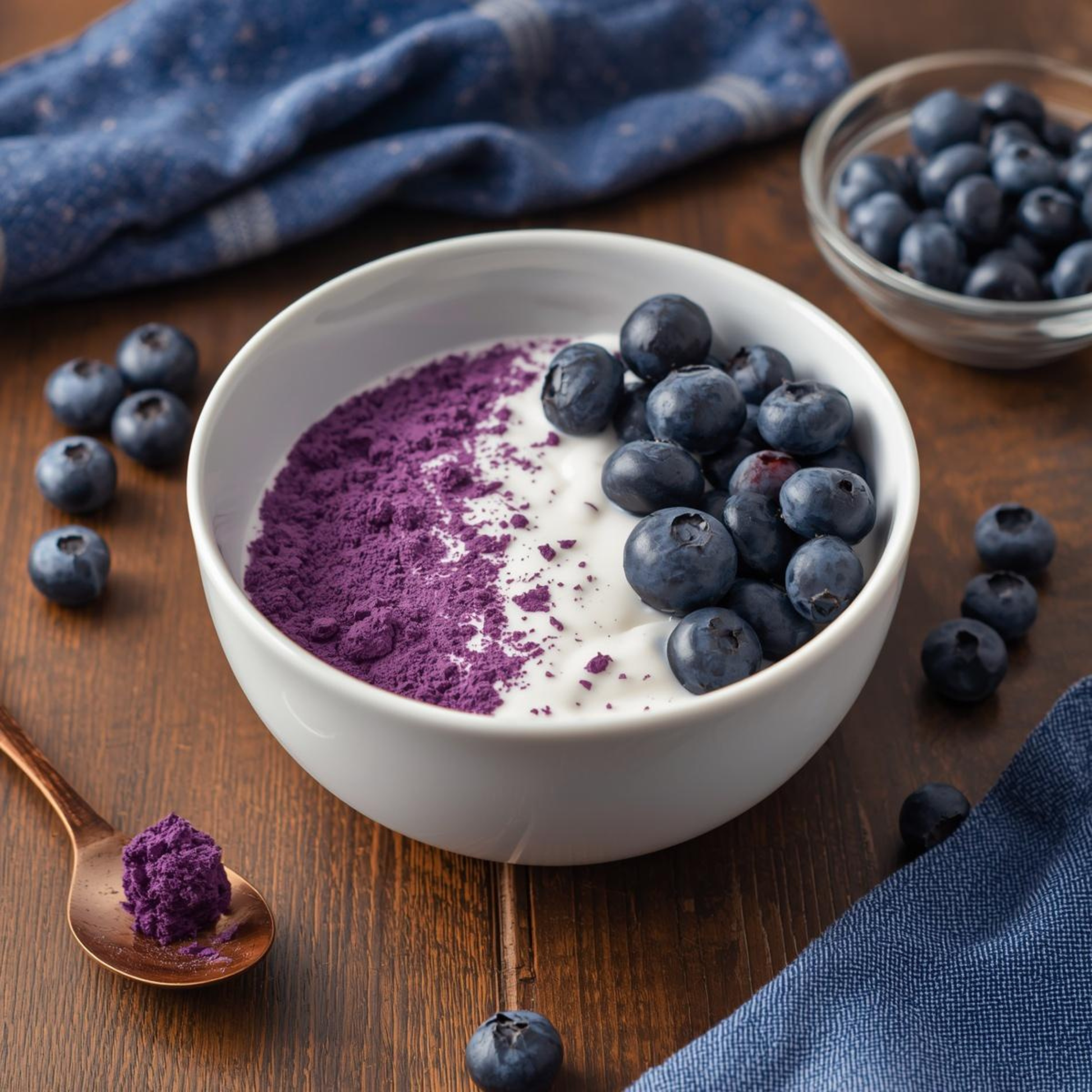 Smoothie bowl with blueberry freeze dried purple powder