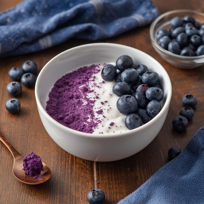 Smoothie bowl with blueberry freeze dried purple powder