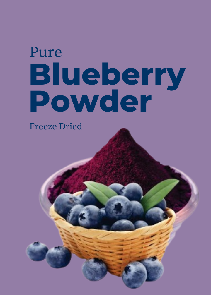 Pure Blueberry Powder packaging with freeze-dried blueberries and a basket of fresh blueberries on a purple background.