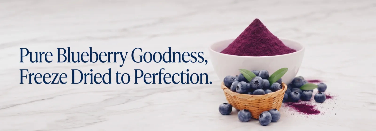 Bowl of freeze-dried blueberry powder with fresh blueberries on a light wooden surface.