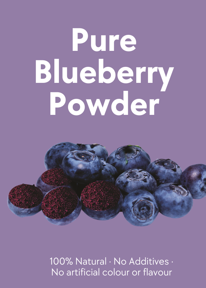 Pure Blueberry Powder packaging with blueberries and text on a purple background