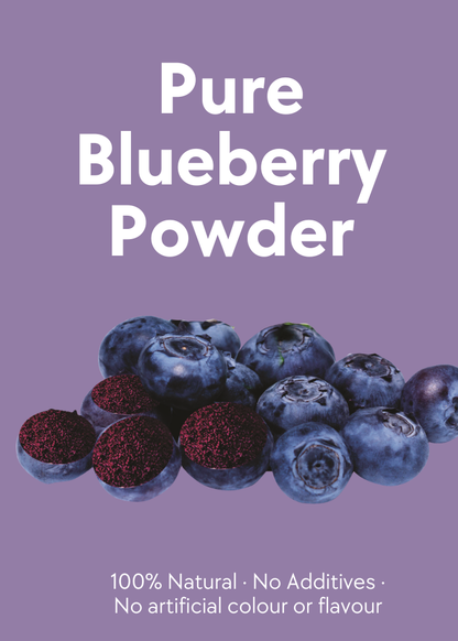 Pure Blueberry Powder packaging with blueberries and text on a purple background
