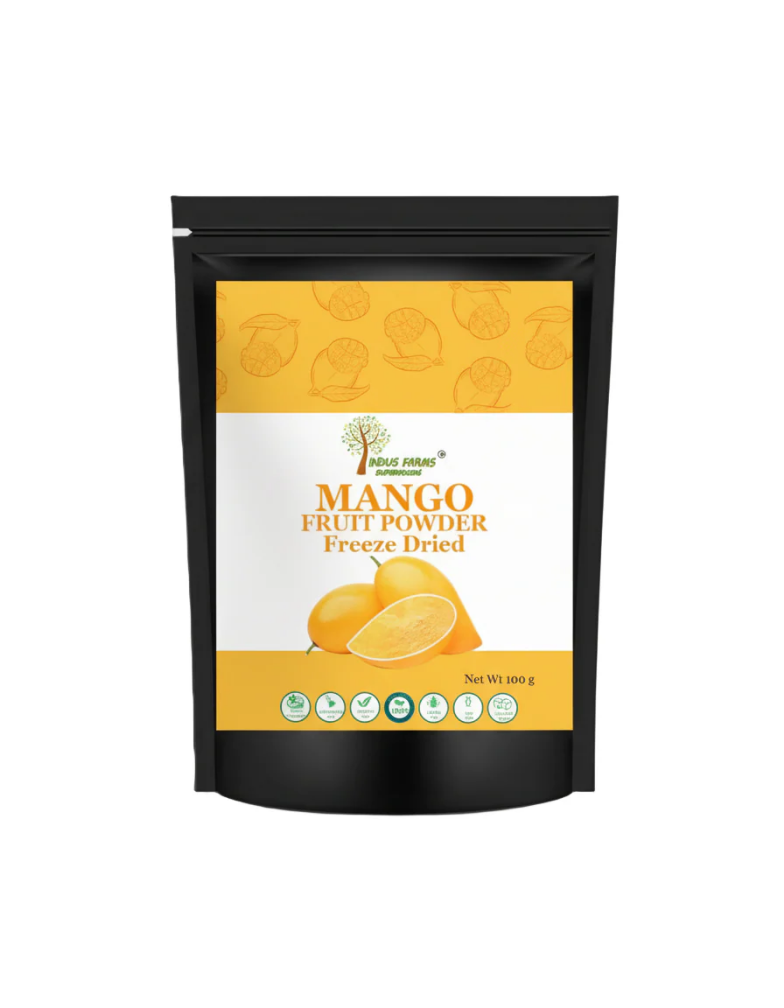 Packaging of Mango Fruit Powder Freeze Dried on a gray background