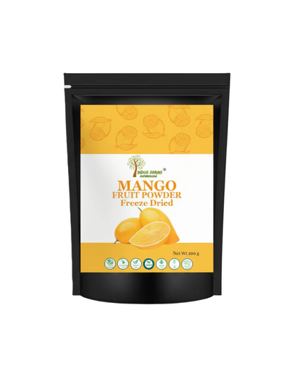 Packaging of Mango Fruit Powder Freeze Dried on a gray background