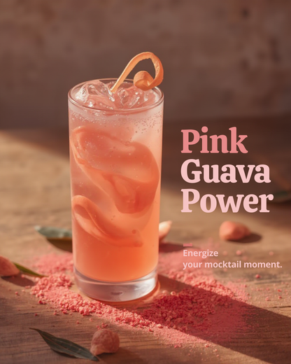 Pink guava cocktail with ice and a cherry on a wooden surface, labeled 'Pink Guava Power'.