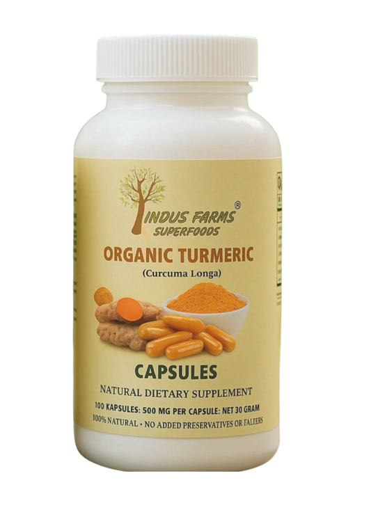 Bottle of Indus Farms Superfoods Organic Turmeric capsules