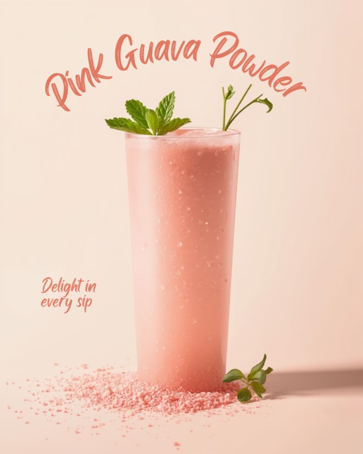 smoothie with pink guava powder and mint leaves