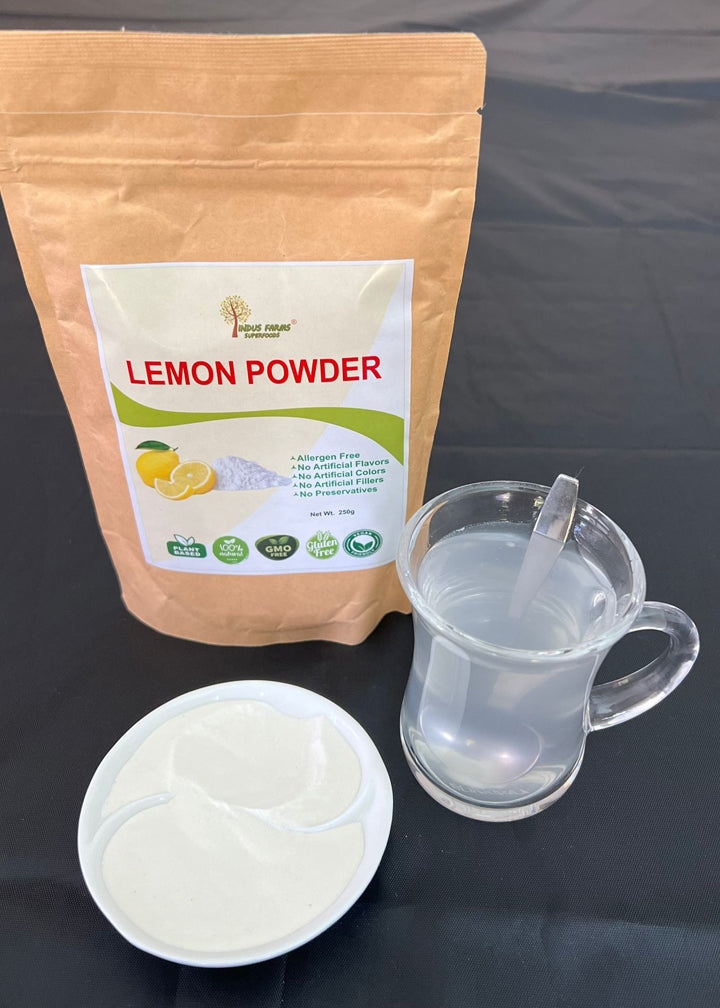 Lemon powder with package and glass - Indusfarms