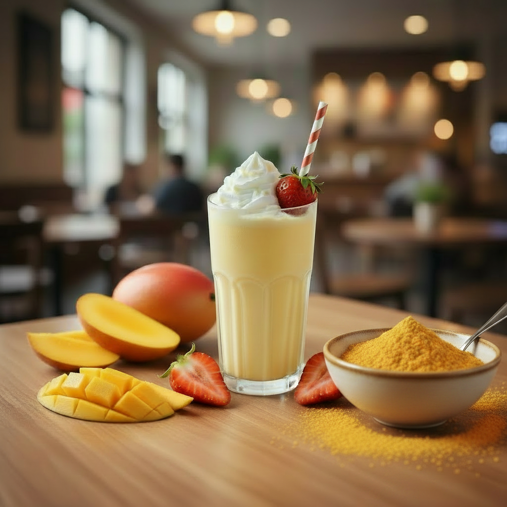 Mango milkshake with whipped cream and mango slices and strawberries