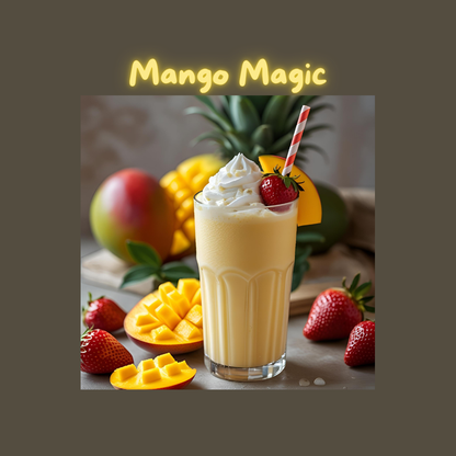 Mango-themed milkshake with whipped cream, a straw, and mango slices on a wooden surface.