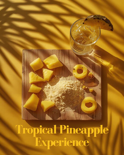 Wooden cutting board with pineapple pieces and a glass of juice on a yellow background, featuring the text 'Tropical Pineapple Experience'.
