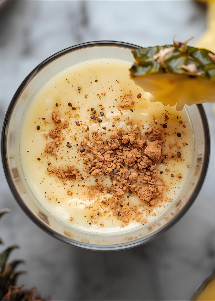 glass of creamy pineapple smoothie crumbled with oates black pepper and cinnamon