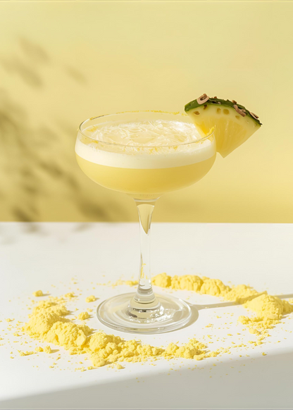 Cocktail with pineapple powder and garnish with pineapple pieces 