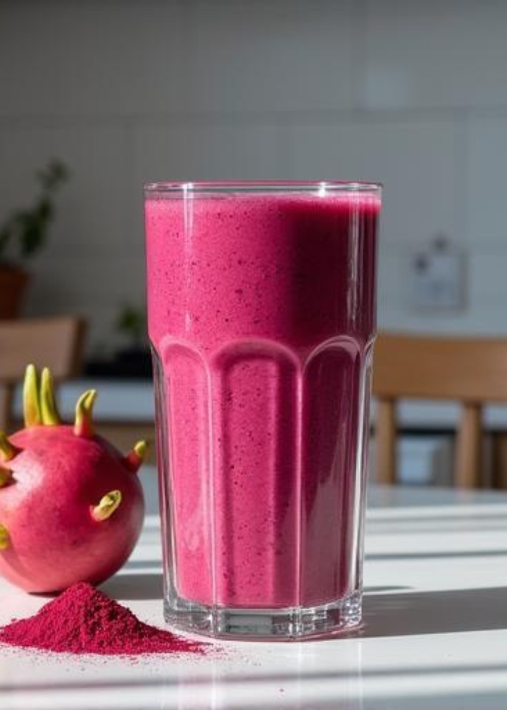 Glass of pink smoothie with Pitaya and pitaya powder on a kitchen counter.