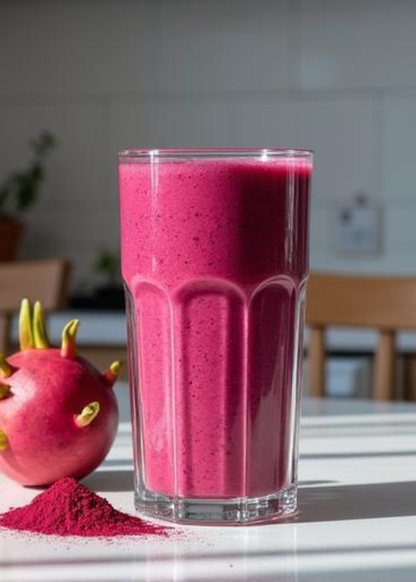 Glass of pink smoothie with Pitaya and pitaya powder on a kitchen counter.