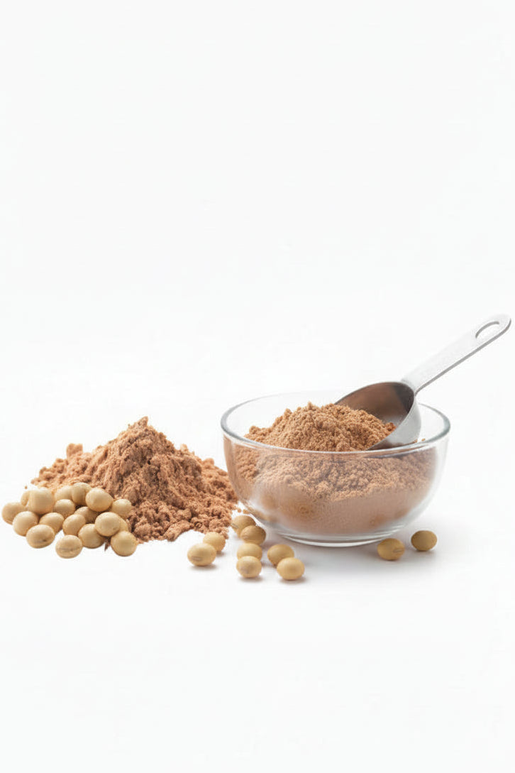 Soybeans and soy powder on a white background