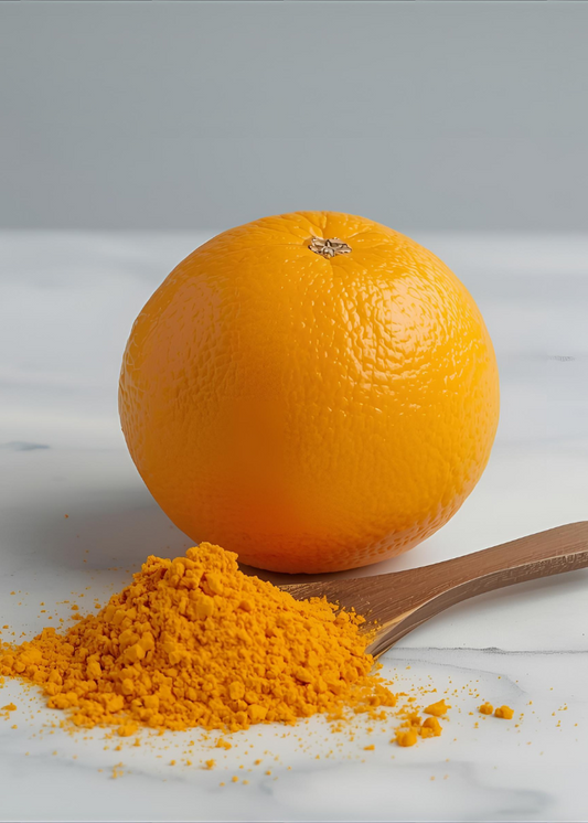 Orange fruit with a wooden spoon of whole orange powder